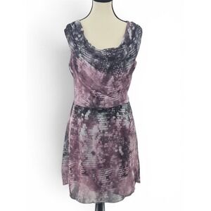 Mauve Grey Abstract Chiffon Midi Dress L Tie-Waist Lined Cocktail Wedding Party